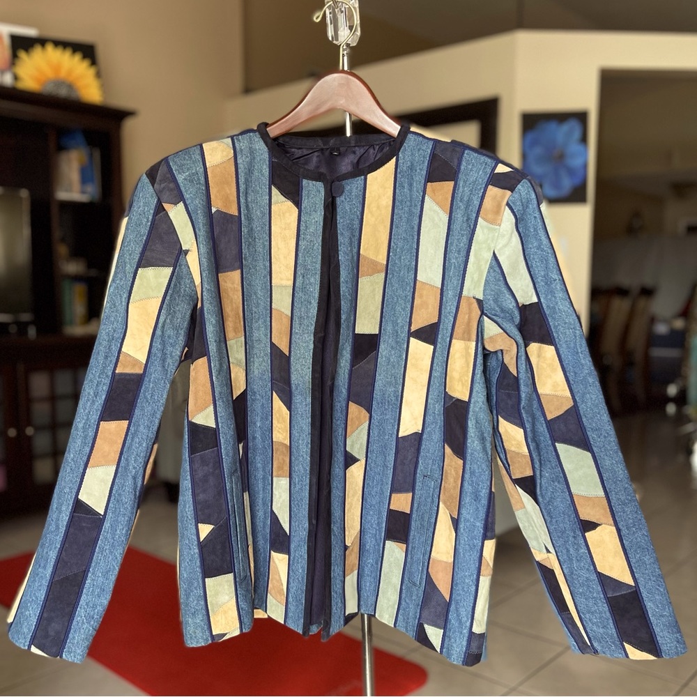 Denim jacket with multicolor strikes in lamb suede.XXL 48bust/hip, 23.5”sleeves.